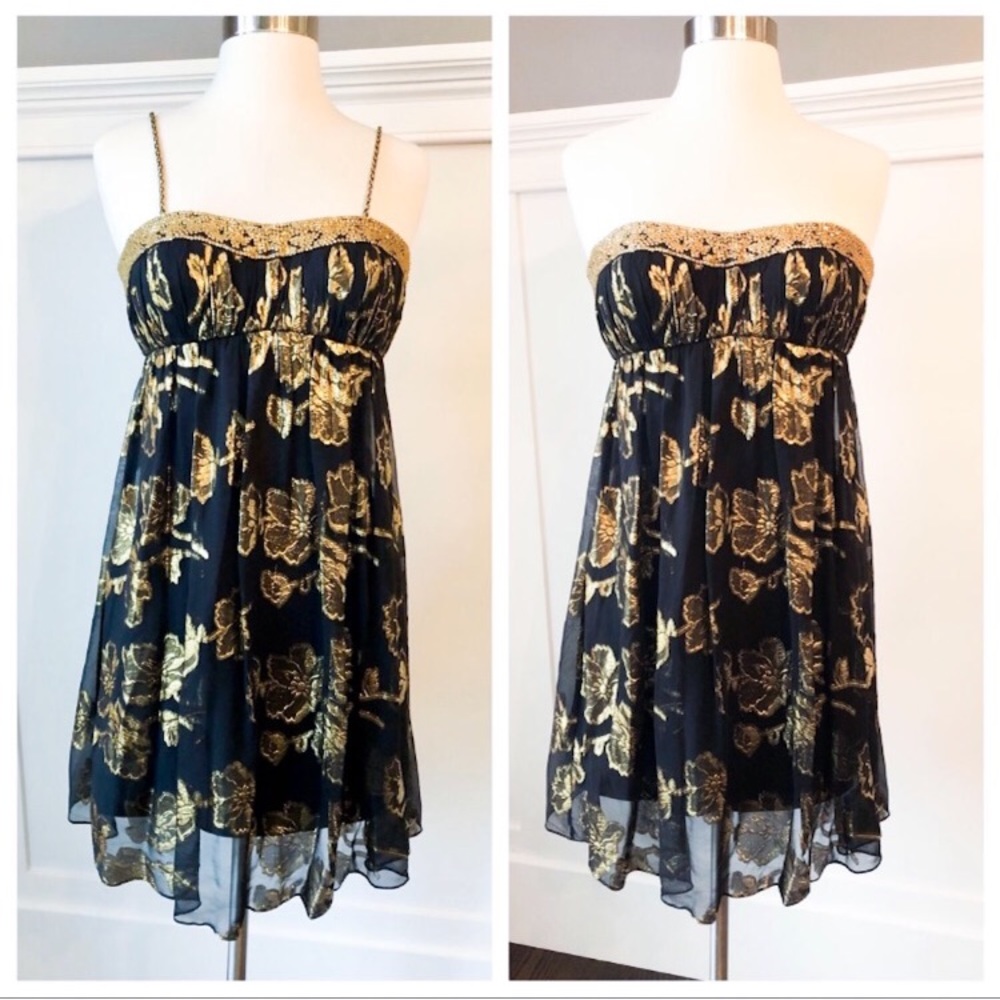 Cache Beaded Floral Sheer Overlay Strapless Dress